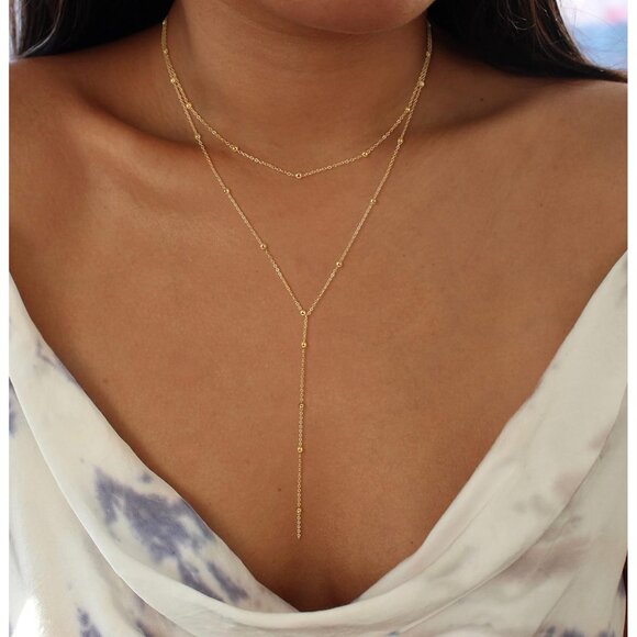 Gold Layered Y Necklace for Women Dainty 20 Plus 2 Extender Elegant Jewelry - Picture 4 of 7